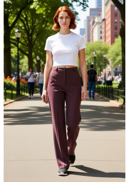 Kadın Mürdüm Esnek Kumaş Yüksek Bel Düz Paça Pantolon Fonksiyonel Dayanıklı Kaliteli Rahat fırsatları