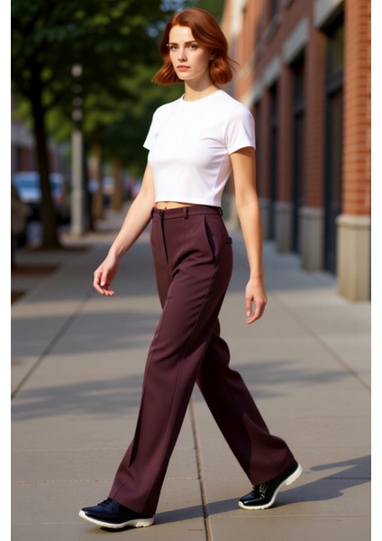 Kadın Mürdüm Esnek Kumaş Yüksek Bel Düz Paça Pantolon Fonksiyonel Dayanıklı Kaliteli Rahat indirimleri