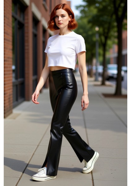 Kadın Flare Kesim Suni Deri Pantolon Detaylı Paça Fonksiyonel Dayanıklı Kaliteli Konforlu Şık indirimleri