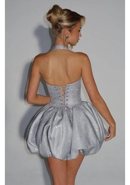 Kadın Halter Yaka Simli Kumaş Sırtı Bağcık Detay Prenses Elbise fiyatları