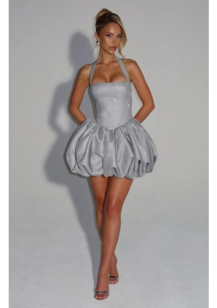 Kadın Halter Yaka Simli Kumaş Sırtı Bağcık Detay Prenses Elbise modelleri