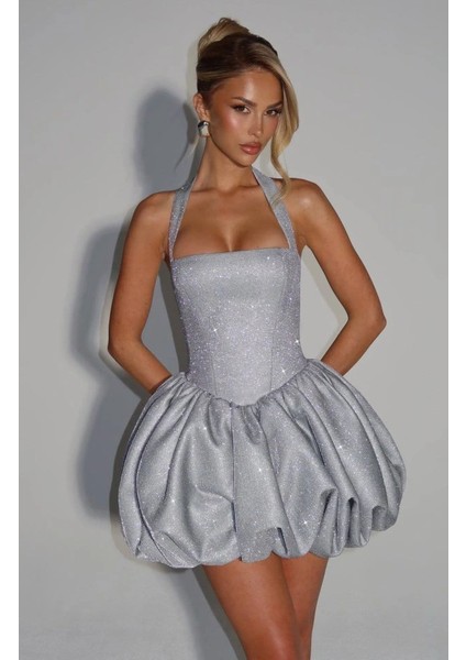 Kadın Halter Yaka Simli Kumaş Sırtı Bağcık Detay Prenses Elbise fırsatları