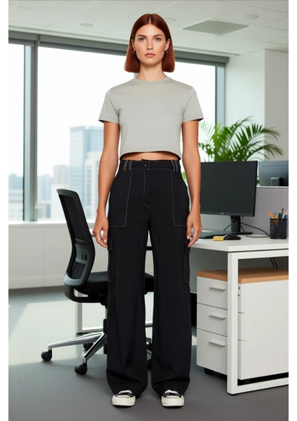 Kadın Geniş Paça Kargo Pantolon Kontrast Dikiş Detaylı Fonksiyonel Dayanıklı Kaliteli Spor fiyatları