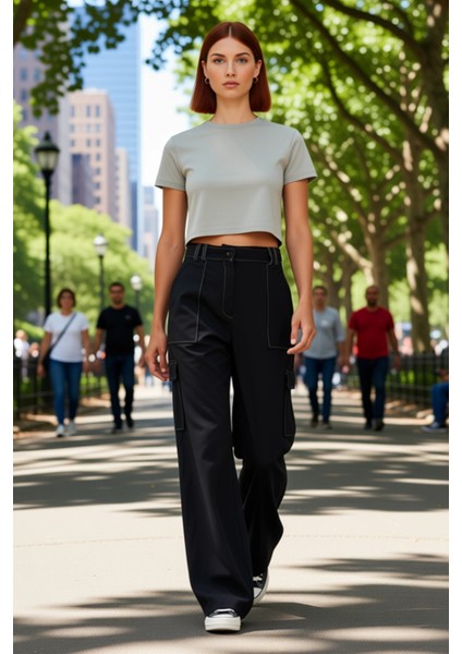 Kadın Geniş Paça Kargo Pantolon Kontrast Dikiş Detaylı Fonksiyonel Dayanıklı Kaliteli Spor modelleri