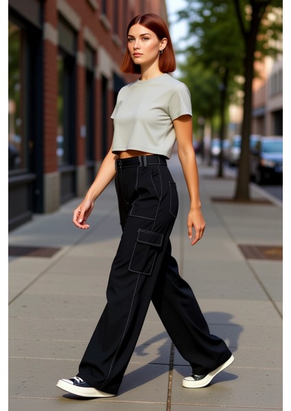 Kadın Geniş Paça Kargo Pantolon Kontrast Dikiş Detaylı Fonksiyonel Dayanıklı Kaliteli Spor fırsatları