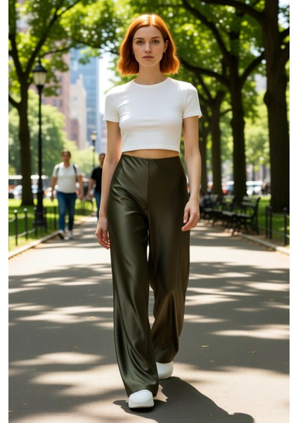 Kadın Haki Saten Geniş Paça Pantolon Fonksiyonel Dayanıklı Kaliteli Konforlu Estetik Rahat modelleri