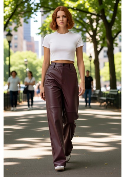 Kadın Geniş Paça Suni Deri Pantolon Fonksiyonel Dayanıklı Kaliteli Konforlu Estetik Modern fırsatları