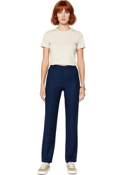 Kadın Yüksek Bel Straight Kesim Dikiş Detaylı Dokuma Pantolon Fonksiyonel Dayanıklı Modern