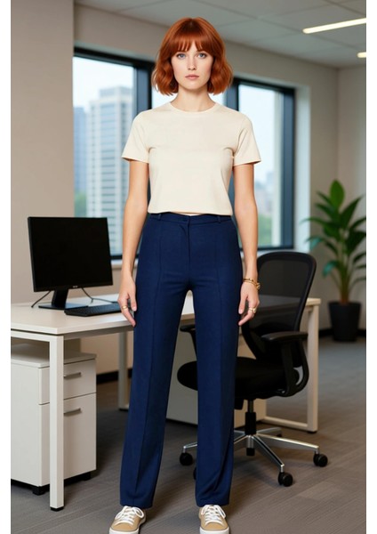 Kadın Yüksek Bel Straight Kesim Dikiş Detaylı Dokuma Pantolon Fonksiyonel Dayanıklı Modern fiyatları