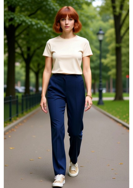 Kadın Yüksek Bel Straight Kesim Dikiş Detaylı Dokuma Pantolon Fonksiyonel Dayanıklı Modern modelleri