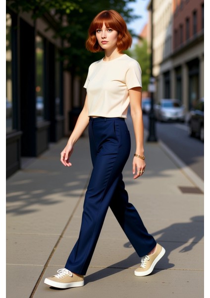 Kadın Yüksek Bel Straight Kesim Dikiş Detaylı Dokuma Pantolon Fonksiyonel Dayanıklı Modern fırsatları