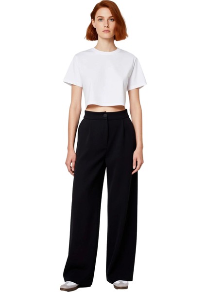 Kadın Wide Leg Yüksek Bel Dokuma Kumaş Pantolon Fonksiyonel Dayanıklı Kaliteli Konforlu Şık