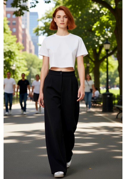 Kadın Wide Leg Yüksek Bel Dokuma Kumaş Pantolon Fonksiyonel Dayanıklı Kaliteli Konforlu Şık fırsatları