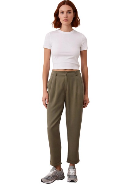 Kadın Haki Pilili Duble Paça Regular Boy Pantolon Fonksiyonel Dayanıklı Kaliteli Konforlu Şık