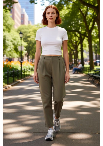 Kadın Haki Pilili Duble Paça Regular Boy Pantolon Fonksiyonel Dayanıklı Kaliteli Konforlu Şık fırsatları