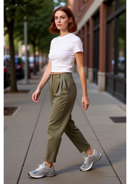 Kadın Haki Pilili Duble Paça Regular Boy Pantolon Fonksiyonel Dayanıklı Kaliteli Konforlu Şık indirimleri
