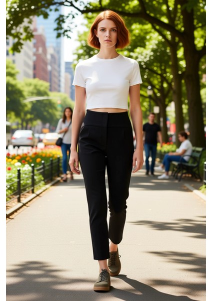 Kadın Dar Paça Bel Dikişli Dokuma Kumaş Pantolon Fonksiyonel Dayanıklı Kaliteli Konforlu Şık fırsatları