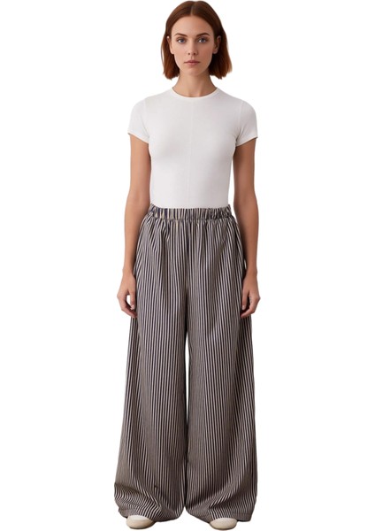 Kadın Çizgili Wide Leg Dokuma Pantolon Fonksiyonel Dayanıklı Kaliteli Konforlu Estetik Şık