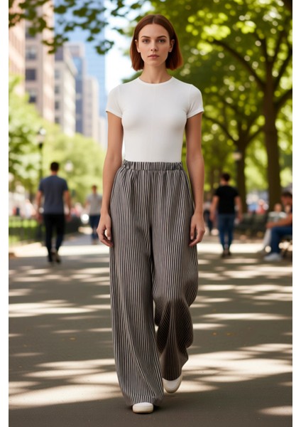 Kadın Çizgili Wide Leg Dokuma Pantolon Fonksiyonel Dayanıklı Kaliteli Konforlu Estetik Şık fırsatları