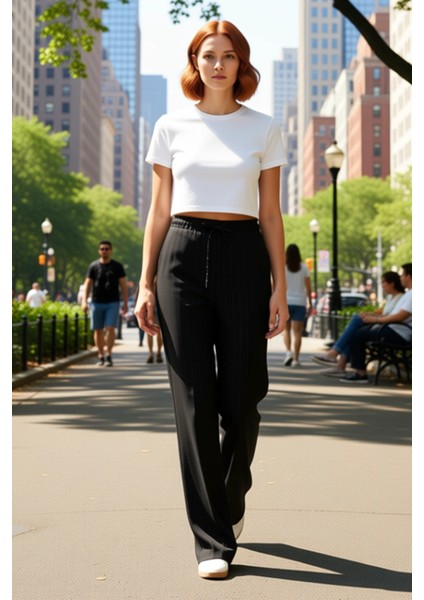 Kadın Çizgili Yüksek Bel Straight Kesim Pantolon Fonksiyonel Dayanıklı Kaliteli Konforlu Şık fırsatları