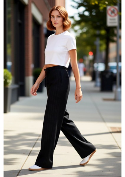 Kadın Çizgili Yüksek Bel Straight Kesim Pantolon Fonksiyonel Dayanıklı Kaliteli Konforlu Şık indirimleri