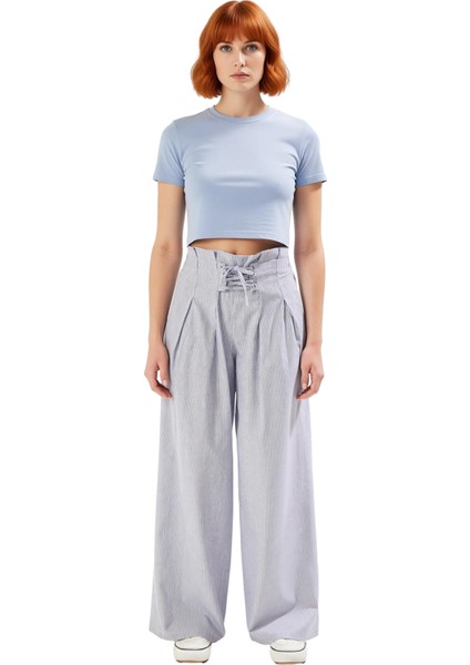 Kadın Çok Renkli Çizgili Palazzo Pantolon Yüksek Bel Fonksiyonel Dayanıklı Kaliteli Modern