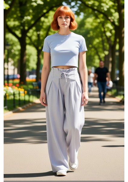 Kadın Çok Renkli Çizgili Palazzo Pantolon Yüksek Bel Fonksiyonel Dayanıklı Kaliteli Modern fırsatları