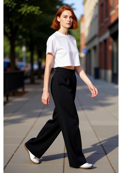 Kadın Wide Leg Yüksek Bel Dokuma Kumaş Pantolon Fonksiyonel Dayanıklı Kaliteli Konforlu Şık indirimleri