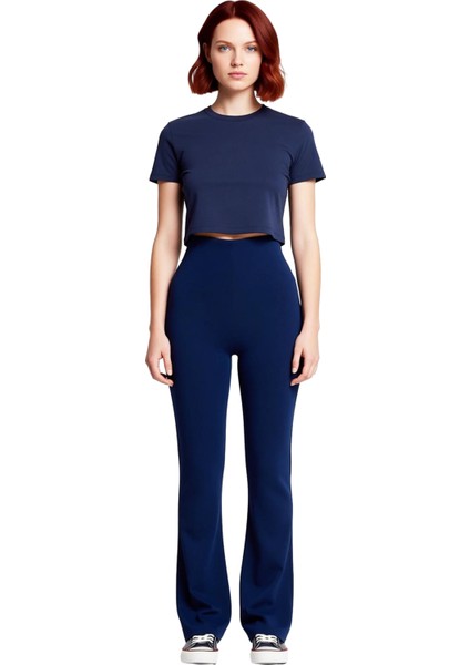 Kadın Yüksek Bel Flare Yırtmaçlı Örme Pantolon Fonksiyonel Dayanıklı Kaliteli Konforlu Şık