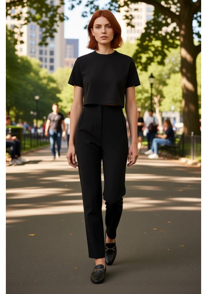 Kadın Yüksek Bel Dar Paça Dokuma Kumaş Pantolon Fonksiyonel Dayanıklı Kaliteli Konforlu Şık fırsatları