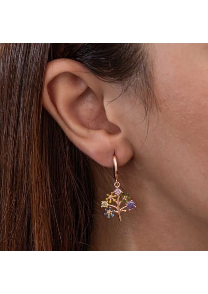 Gümüş Rose Renkli Taşlı Hayat Ağacı Kadın Küpe modelleri