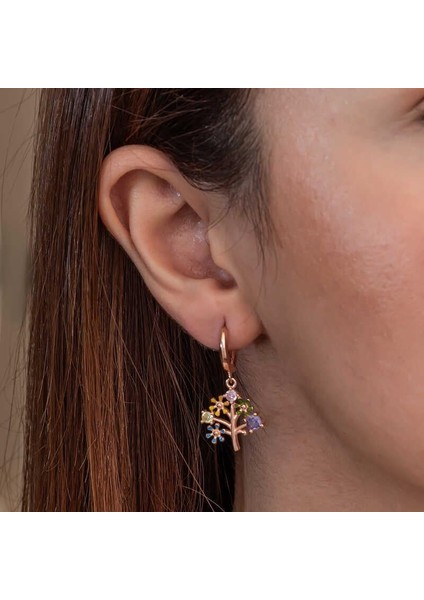 Gümüş Rose Renkli Taşlı Hayat Ağacı Kadın Küpe fırsatları