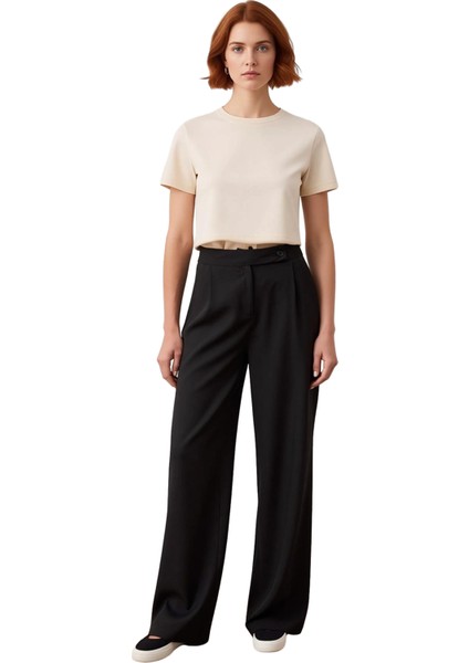 Kadın Koyu Wide Leg Yüksek Bel Dokuma Pantolon Fonksiyonel Dayanıklı Kaliteli Konforlu Şık