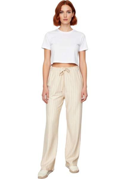 Kadın Çizgili Yüksek Bel Straight Kesim Pantolon Fonksiyonel Dayanıklı Kaliteli Konforlu Şık