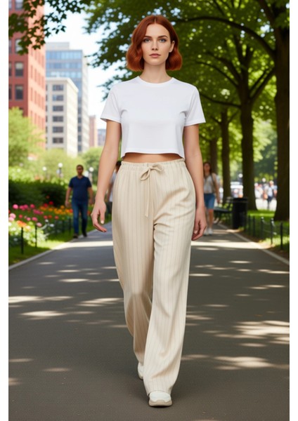 Kadın Çizgili Yüksek Bel Straight Kesim Pantolon Fonksiyonel Dayanıklı Kaliteli Konforlu Şık fırsatları