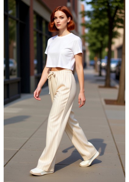 Kadın Çizgili Yüksek Bel Straight Kesim Pantolon Fonksiyonel Dayanıklı Kaliteli Konforlu Şık indirimleri
