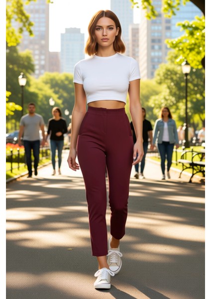Kadın Yüksek Bel Dar Paça Dokuma Kumaş Pantolon Fonksiyonel Dayanıklı Kaliteli Konforlu Şık modelleri