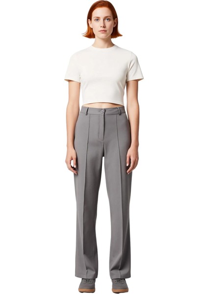 Kadın Yüksek Bel Straight Kesim Dikiş Detaylı Dokuma Pantolon Fonksiyonel Dayanıklı Modern