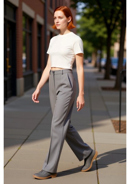 Kadın Yüksek Bel Straight Kesim Dikiş Detaylı Dokuma Pantolon Fonksiyonel Dayanıklı Modern indirimleri