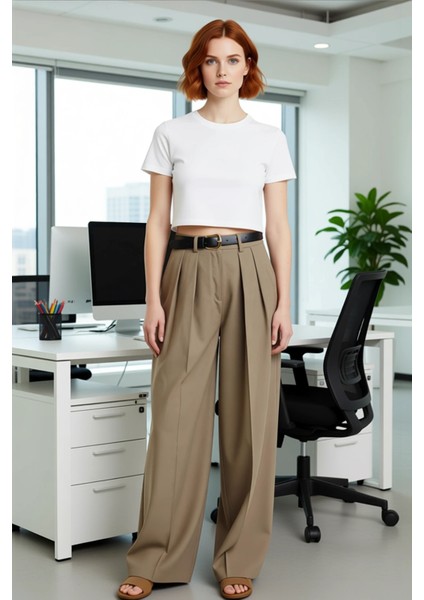 Kadin Vizon Genis Paça Kemerli Pantolon Fonksiyonel Dayanıklı Kaliteli Konforlu Estetik Şık modelleri