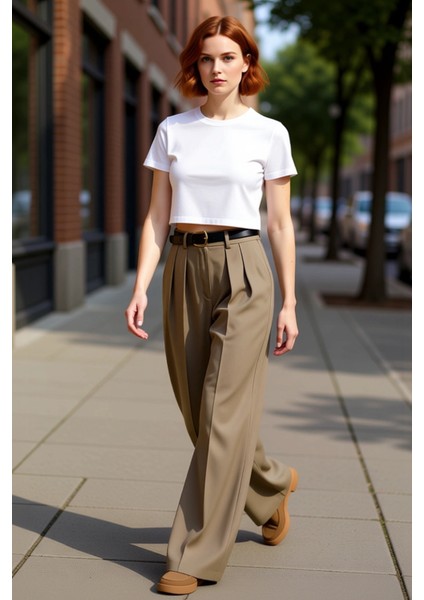 Kadin Vizon Genis Paça Kemerli Pantolon Fonksiyonel Dayanıklı Kaliteli Konforlu Estetik Şık indirimleri