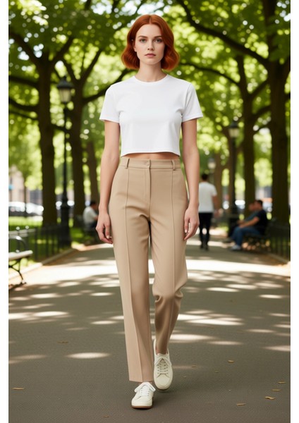 Kadın Yüksek Bel Straight Kesim Dikiş Detaylı Dokuma Pantolon Fonksiyonel Dayanıklı Modern fırsatları