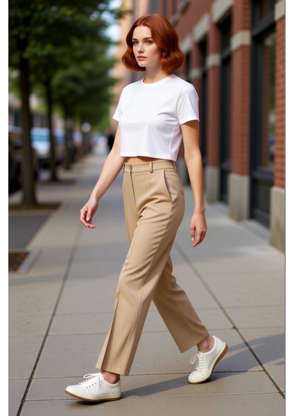 Kadın Yüksek Bel Straight Kesim Dikiş Detaylı Dokuma Pantolon Fonksiyonel Dayanıklı Modern indirimleri