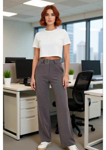 Kadın Düz Kesim Yüksek Bel Kemerli Dokuma Kumaş Pantolon Fonksiyonel Dayanıklı Kaliteli Şık fiyatları