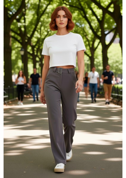 Kadın Düz Kesim Yüksek Bel Kemerli Dokuma Kumaş Pantolon Fonksiyonel Dayanıklı Kaliteli Şık modelleri