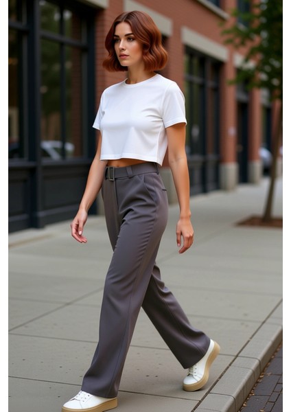 Kadın Düz Kesim Yüksek Bel Kemerli Dokuma Kumaş Pantolon Fonksiyonel Dayanıklı Kaliteli Şık fırsatları