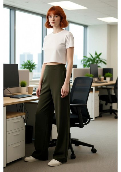 Kadın Haki Wide Leg Pantolon Günlük Kullanım Fonksiyonel Dayanıklı Kaliteli Konforlu Rahat modelleri