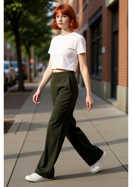 Kadın Haki Wide Leg Pantolon Günlük Kullanım Fonksiyonel Dayanıklı Kaliteli Konforlu Rahat indirimleri