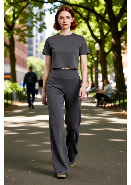 Rahat Kesim Yüksek Bel Kadın Pantolonu Antrasit Fonksiyonel Dayanıklı Kaliteli Konforlu Şık fırsatları