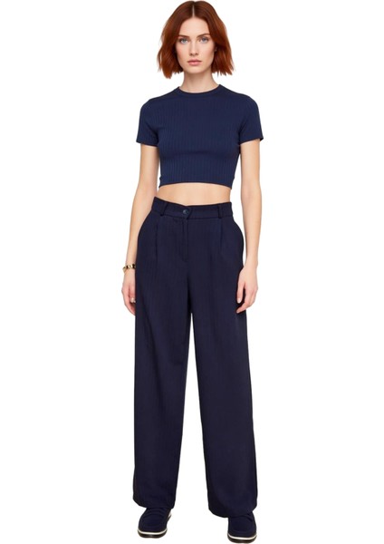 Kadın Wide Leg Çizgili Dokuma Pantolon Fonksiyonel Dayanıklı Kaliteli Konforlu Estetik Şık